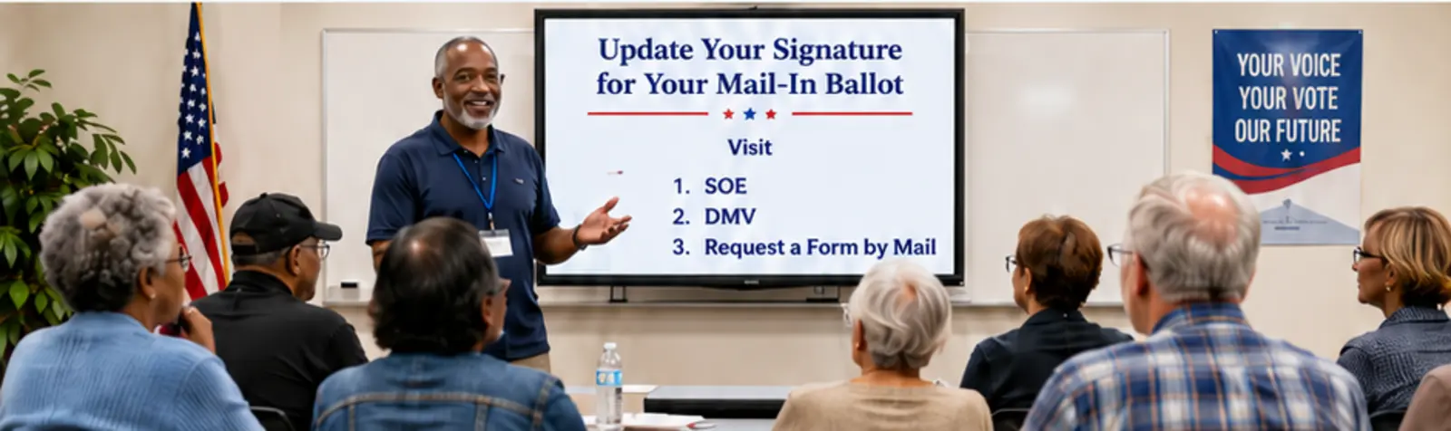 Community members attending a mail-in ballot signature education class