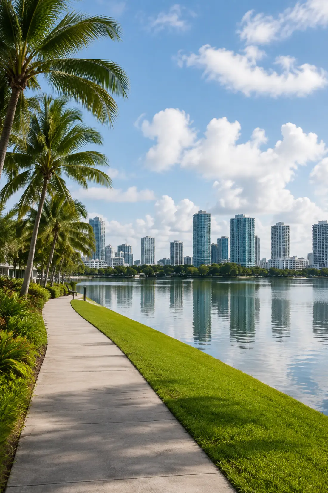 North Miami waterfront with palm trees and skyline